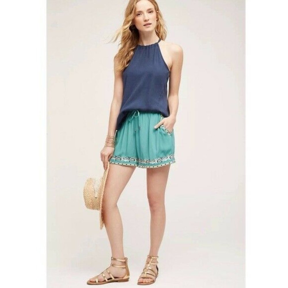 Anthropologie HEI HEI Embroidered Isle Shorts Teal, Size S Small